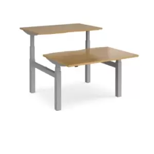 Image of Height Adjustable Desk Back To Back Rectangular Desks 1200mm Oak Tops With Silver Frames Elev8 Touch