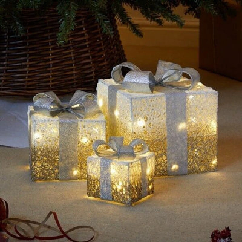 Image of Marco Paul Set Of 3 Snow Frosted Light Up Faux Gift Boxes Pre-Lit Warm White LED Parcels Gold