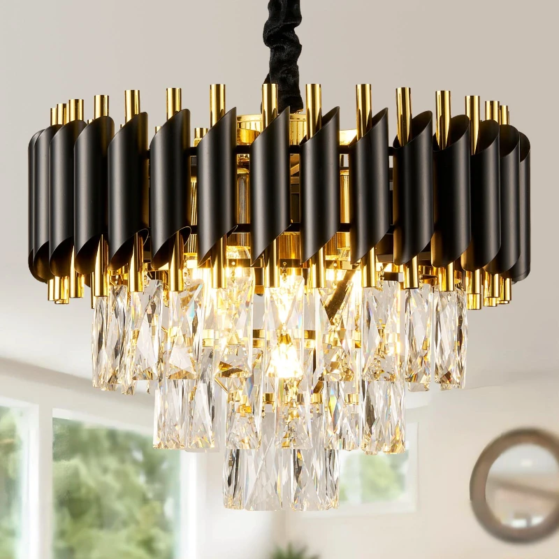Image of Harper Living Crystal Chandelier, Modern Pendant Light 3-Tier Crystals Black & Gold Black Unisex
