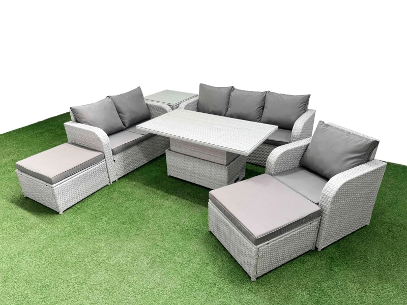 Image of Fimous Patio PE Wicker 8 Seater Outdoor Rattan Furniture Sofa Sets with Adjustable Lifting Dining or Coffee Table2 Big Footstools Side Table