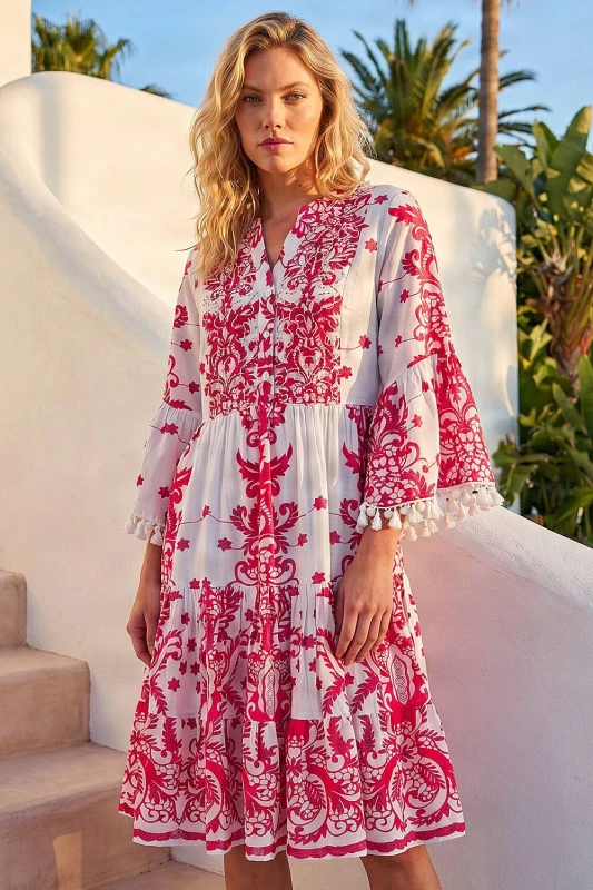 Image of Roman Womens Embroidery Bead Detail Smock Dress in Coral Size: 10 Coral Female 10
