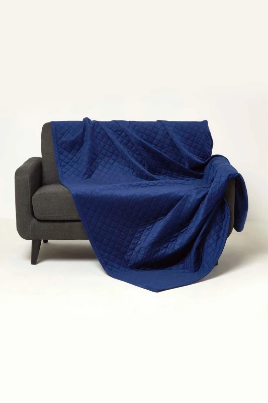 Image of Homescapes Diamond Quilted Velvet Throw Navy