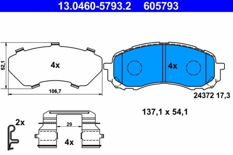 Image of ATE 13.0460-5793.2 Brake pad set with acoustic wear warning, with accessories, with anti-squeak plate Brake Pad Set,disc brake (402)
