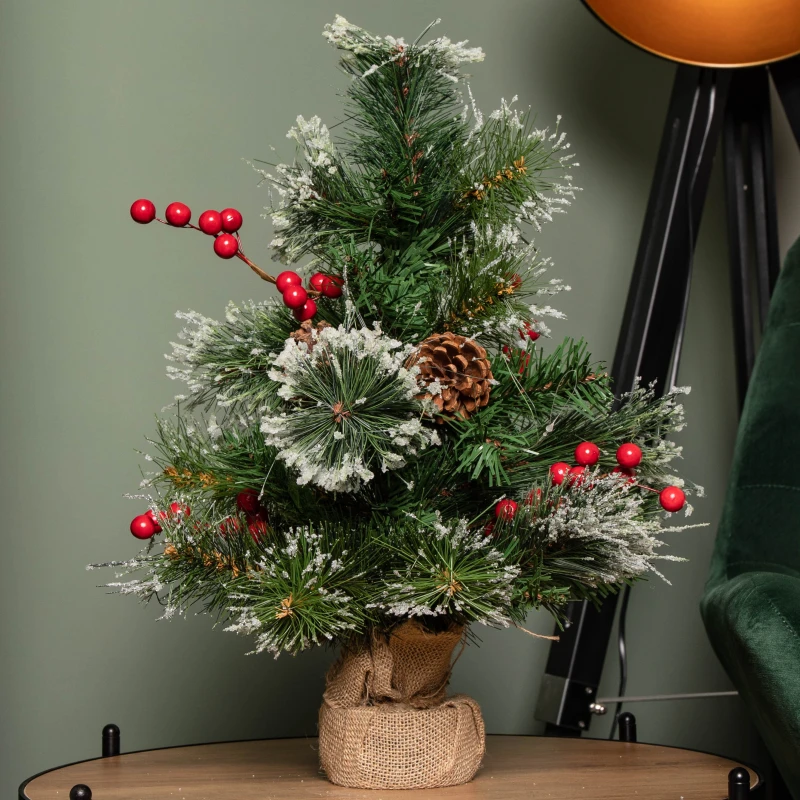 Image of 50cm Mini Christmas Tree in Burlap Base with Frosted Tips & Red Berries