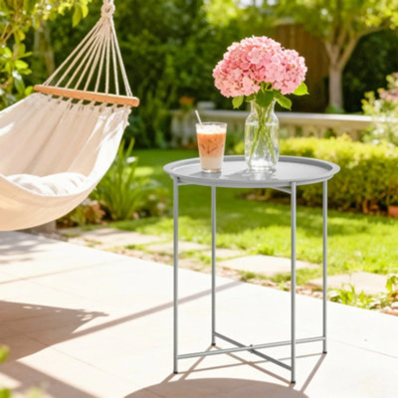 Image of Outsunny 46Cm Round Garden Table Side Table With Removable Tray, White