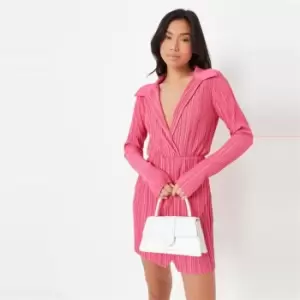 image of Missguided Plisse Plunge Shirt Dress - Pink