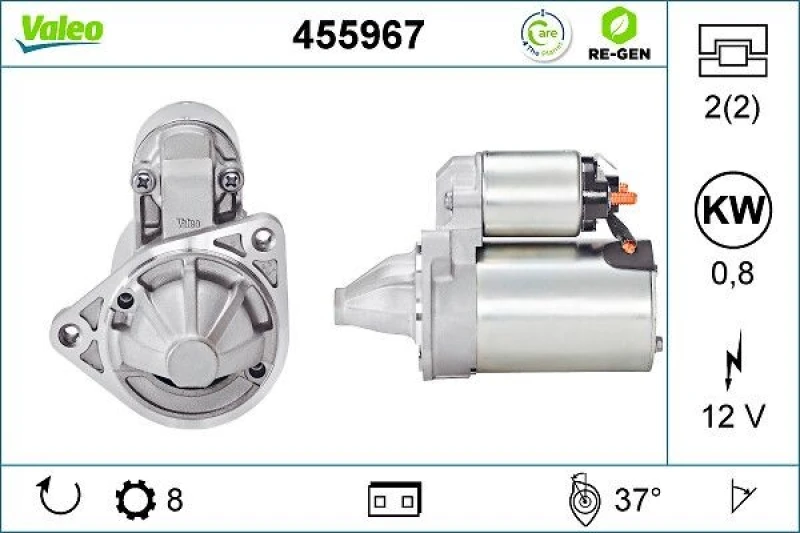 Image of VALEO 455967 Starter motor 0,8kW, 12V, Number of Teeth: 8 Starter (2)