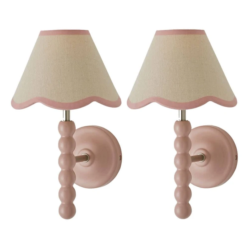Image of ValueLights Bobbins Pair Pink Bobble Wall Lights & Linen Pastel Trim Lamp Shades in Pale Pink Pale Pink Unisex