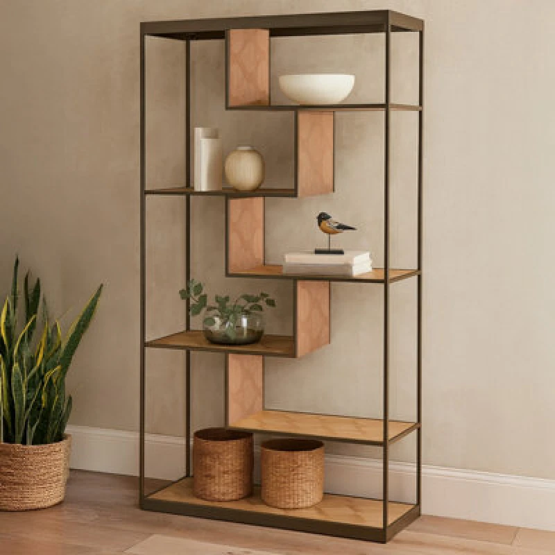 Image of Orsina Brown Metal Frame Bookshelf, Dark Oak Veneer 5 Shelf Ladder Unit
