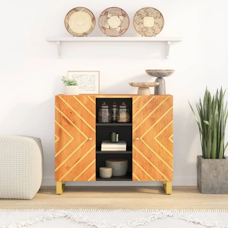 Image of Vidaxl Side Cabinet Brown And Black 90X33.5X75cm Solid Wood Mango, Brown 356811
