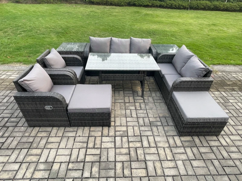 Image of Fimous 9 Seater Garden Rattan Furniture Dining Table Sofa Set Indoor Outdoor with 2 Reclining Chairs 2 Side Tables 2 Big Footstool Dark Grey Mixed Dar