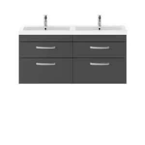 image of Nuie Athena 1200 Wall Hung 4-drawer Vanity & Polymarble Double Basin - Gloss Grey