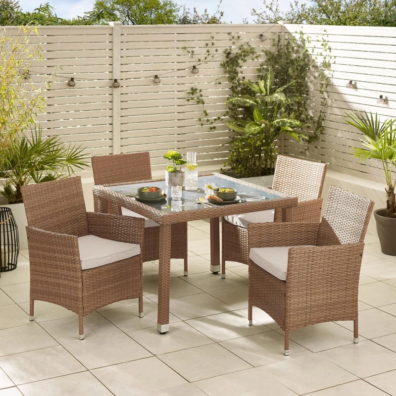 Image of FurnitureboxUK FurnitureboxUK Barbados Rattan Outdoor Garden Dining Set, PE Rattan & Cushions, 4 Chairs 1 Square Glass Top Outdoor Table in Light Brow