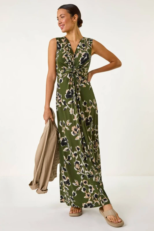 Image of Roman Womens Leaf Print Twist Front Maxi Dress in Khaki Size: 20 Khaki Female 20