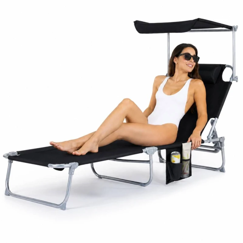 Image of LIVIVO Foldable Reclining Sun Lounger with Adjustable Sunshade Light Grey unisex