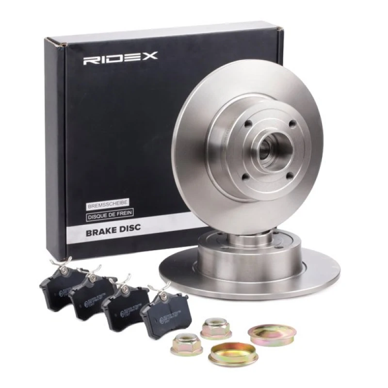 Image of RIDEX 3405B1417 Brake disc and pads set Rear Axle, Brake Disc Type: Solid, without integrated wear sensor Brake Set,disc brakes (3405)