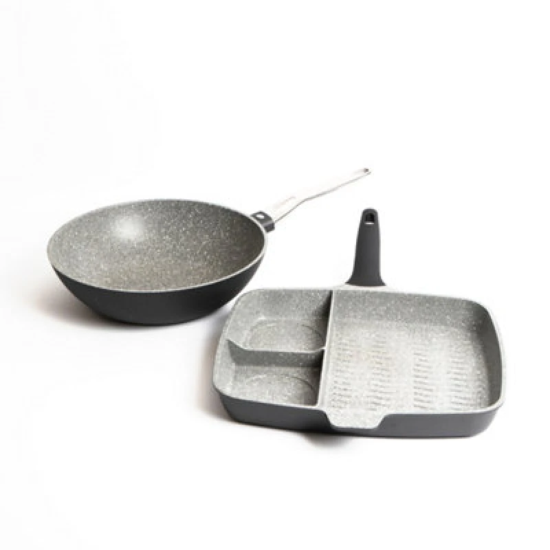 Image of Masterclass 2pc Induction-Safe & Non-Stick Cast Aluminium Pan Set with Three-Section Grill Pan, 32cm and Wok, 28cm Grey