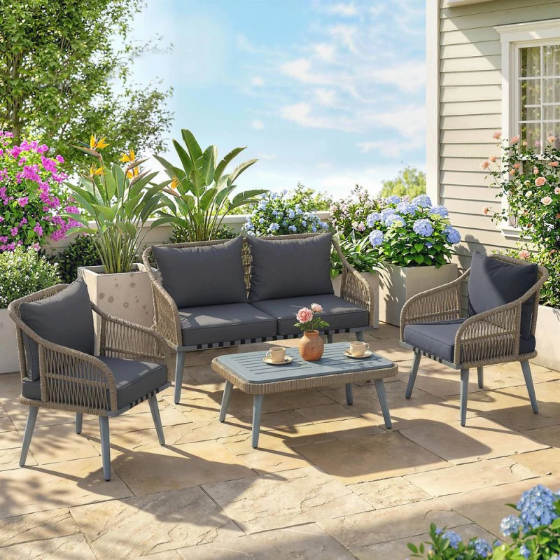 Image of OUTSUNNY 4 Piece Rattan Garden Furniture Set w/ Thick Cushions in Grey Grey Unisex