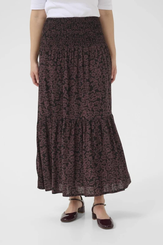 Image of Kaffe Womens KAbeathe Graphic Printed Midi Skirt in Burgundy Size: Medium/Large Burgundy Female M/L