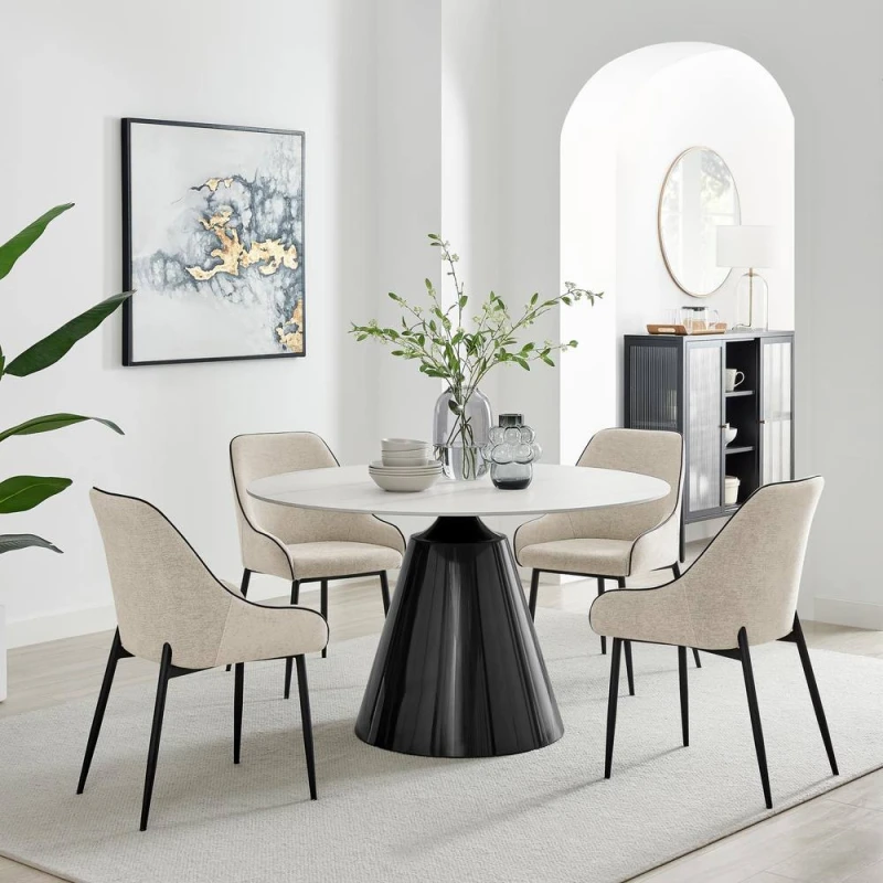 Image of FurnitureboxUK Nina Marble-Effect Dining Set with Cream Fabric Chairs Size: 4 Person Cream Unisex 4 Person