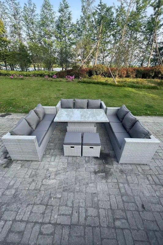Image of Fimous U Shape Rattan Garden Furniture Set Adjustable Rising Lifting Table Dining Set 2 Stools Light Grey