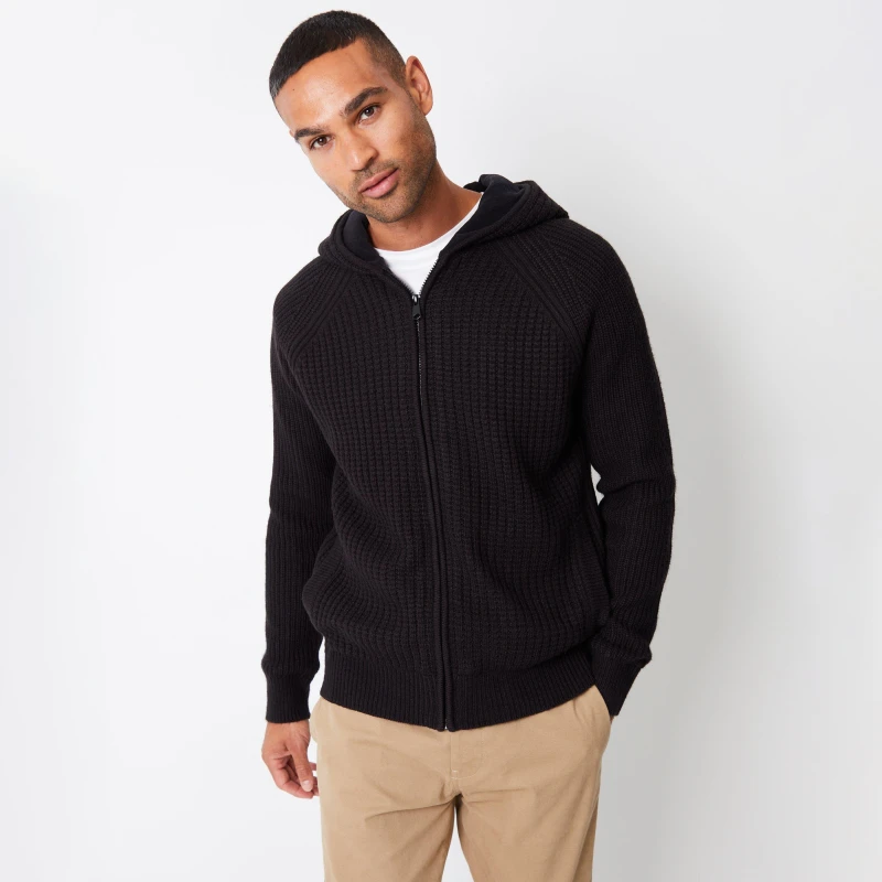 Image of Threadbare Threadbare Men 'Kirkstone' Zip-Up Knitted Hoodie with Microfleece Lining in Black Size: large Black L Male 7625914310880