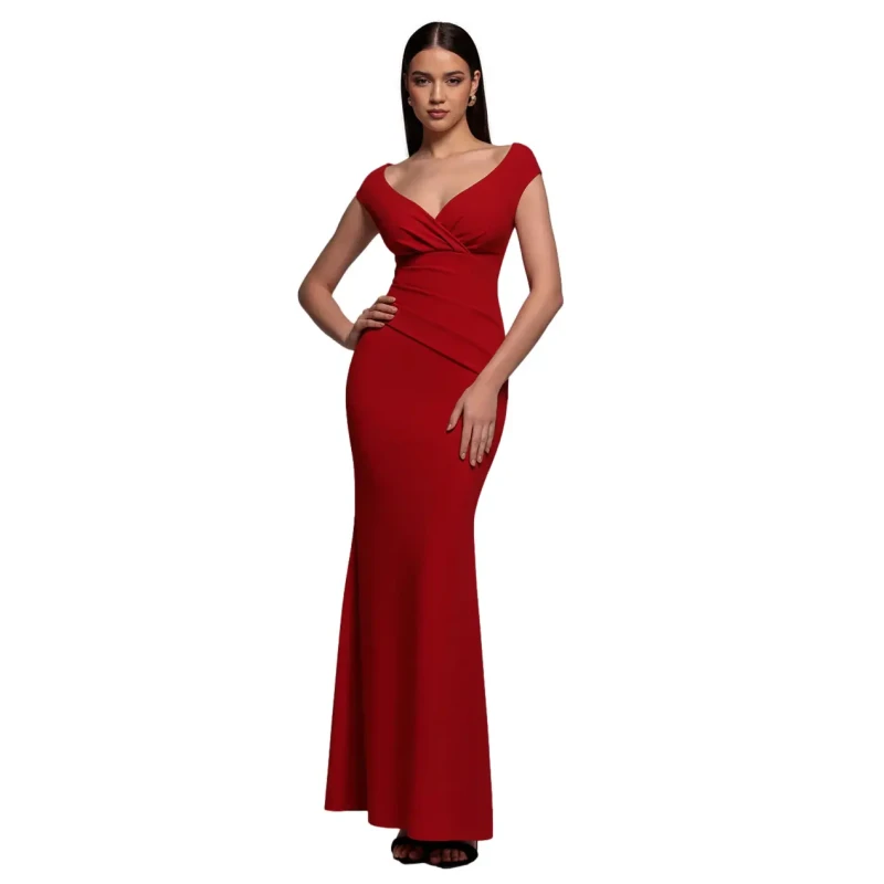 Image of Goddiva Womens Bardot Pleated Maxi Dress in Red Size: 8 Red Female 8