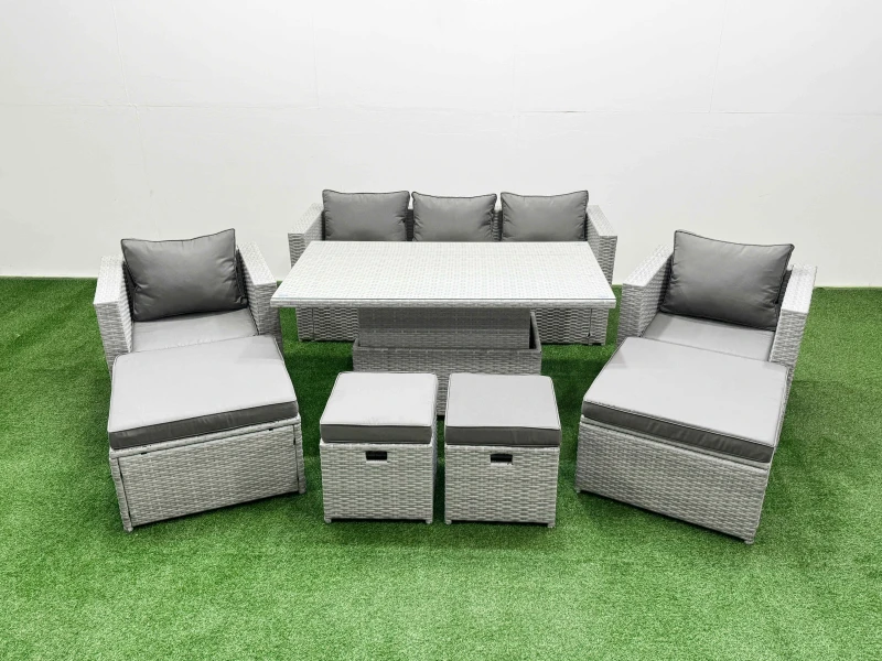 Image of Fimous 8 Pcs Rising Dining Table Set Rattan Furniture Set With 3 Seater Sofa Chair 2 Big Footstools 2 Small Footstools Light Grey