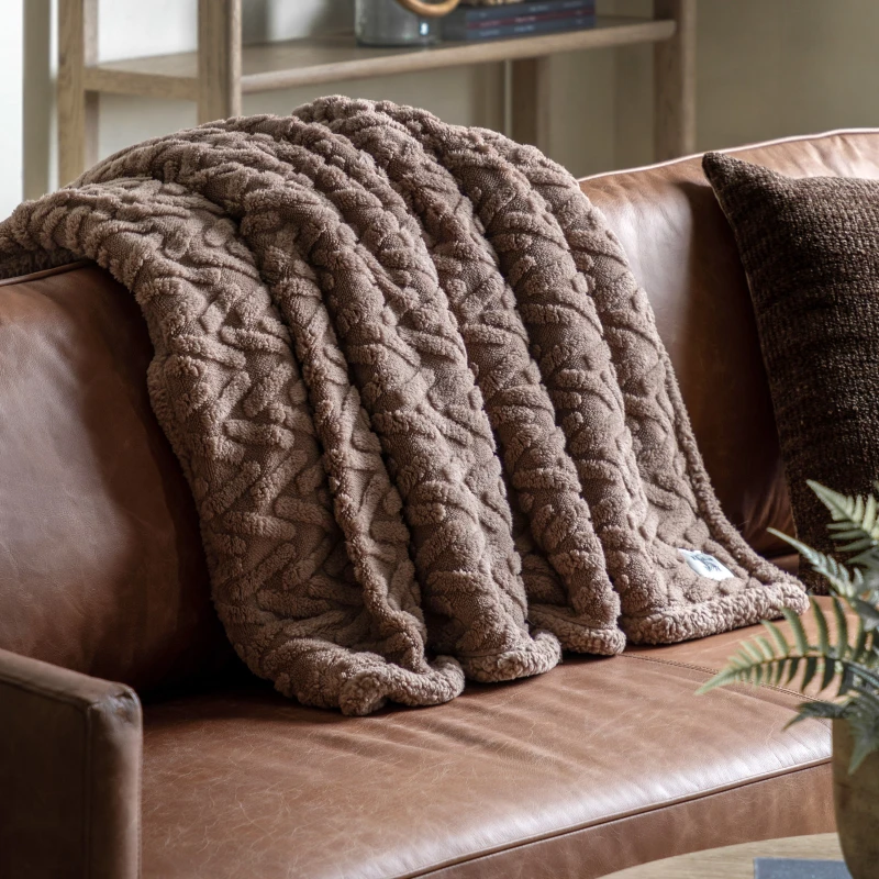 Image of Crossland Grove Herringbone Sherpa Throw Taupe 1400X1800Mm 5056693563358