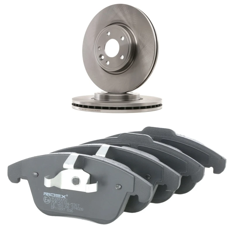 Image of RIDEX 3405B2778 Brake disc and pads set Front Axle, Brake Disc Type: internally vented, not prepared for wear warning indicator Brake Set,disc brakes