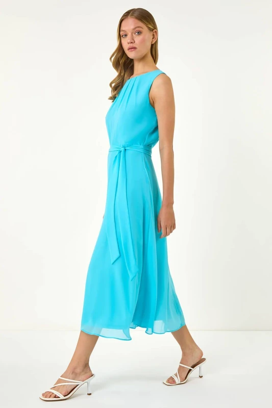 Image of Roman Womens Chiffon Pleated Neck Midi Dress in Blue Size: 18 Blue Female 18