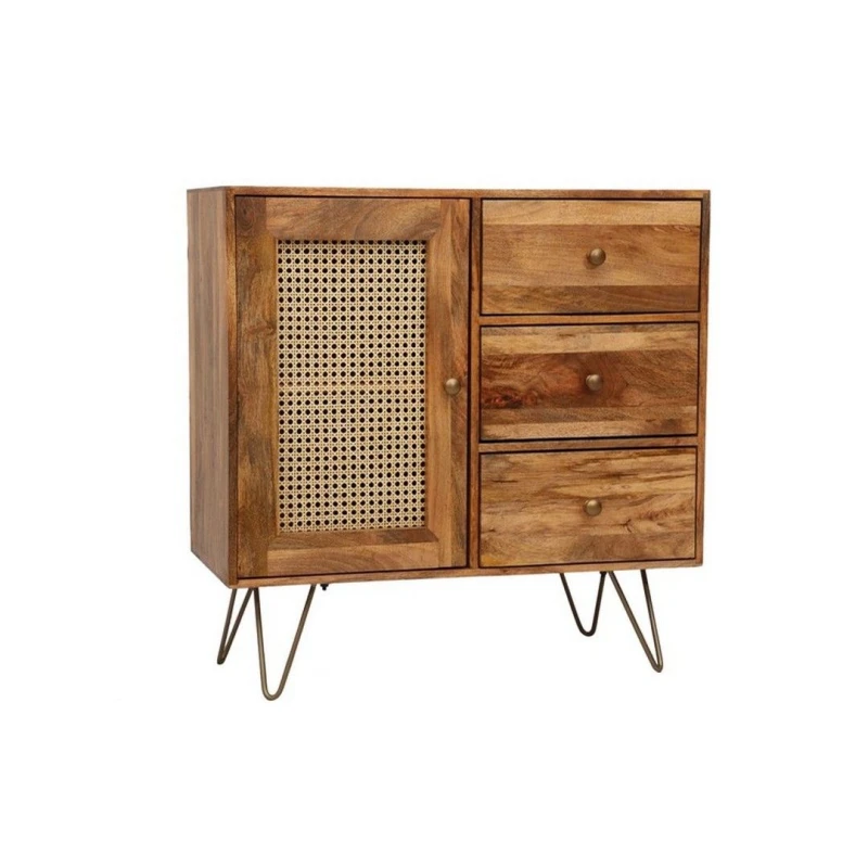 Image of Jaipur Furniture Ltd Nyack Small 3 Drawer Sideboard - Mango Wood/Iron - L40 x W90 x H87cm - Light Brown with Natural Rattan - Assembly Required Brown