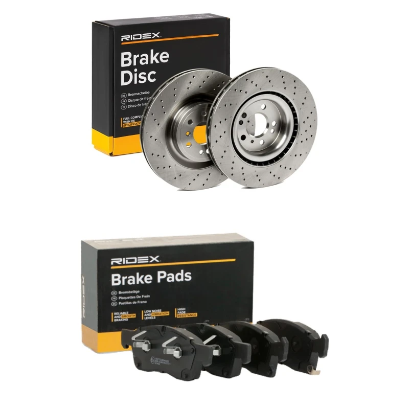 Image of RIDEX 3405B2571 Brake disc and pads set Front Axle, Brake Disc Type: perforated/vented, with acoustic wear warning Brake Set,disc brakes (3405)