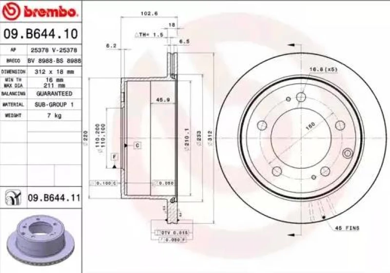 Image of BREMBO 09.B644.11 Brake disc internally vented, Coated Brake Disc (82)