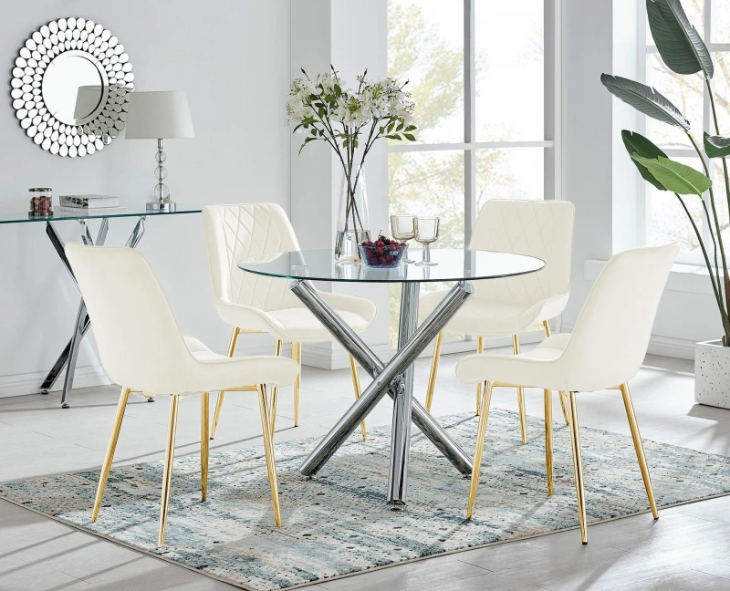Image of FurnitureboxUK FurnitureboxUK Selina Round Glass Chrome Leg Dining Table and Pesaro Gold Leg Chairs in Cream Size: 2 Person Cream 2 Person Unisex 50