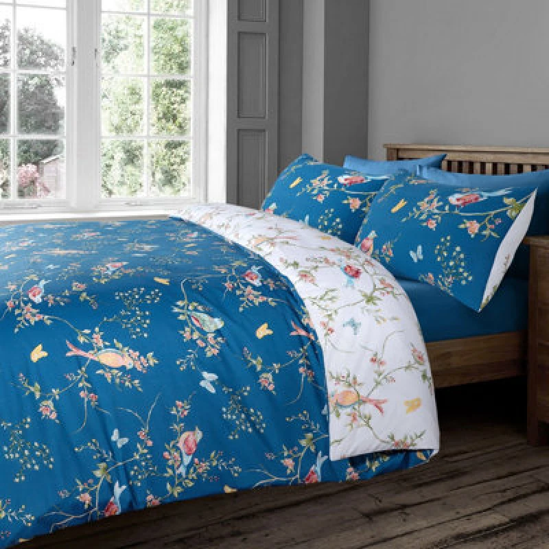 Image of Velosso Nature Inspired Duvet Cover & Pillowcase Set, Elegant Floral Print Bedding Set, Easy-Care, Vintage Style Bedroom Decor - Navy