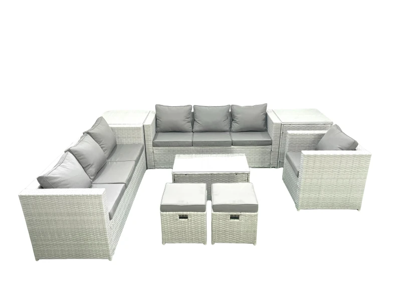Image of Fimous Wicker PE Rattan Sofa Garden Furniture Set with Armchair Oblong Coffee Table 2 Small Footstools 2 Side Tables Light Grey Mixed Light Grey