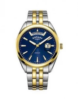Image of Rotary Rotary Henley Blue And Gold Detail Daydate Dial Two Tone Stainless Steel Bracelet Mens Watch