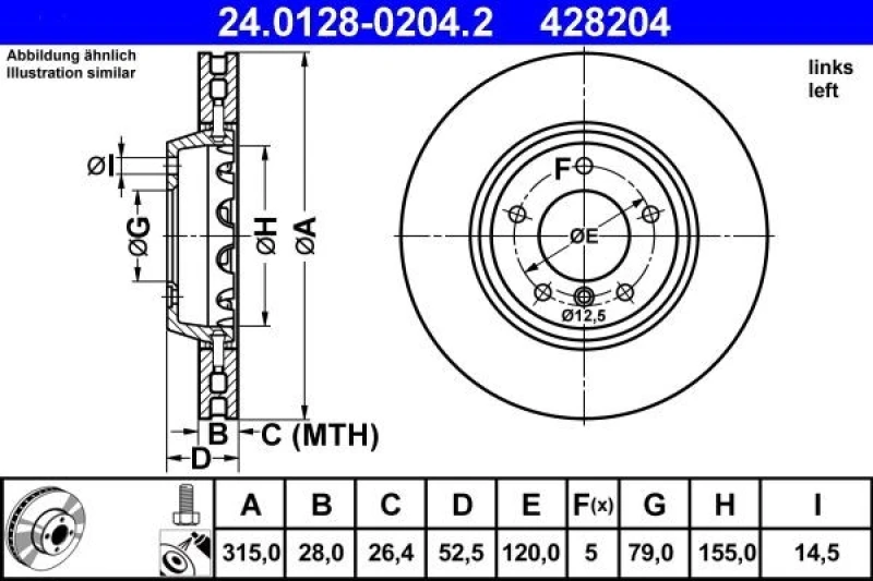 Image of ATE 24.0128-0204.2 Brake disc Vented, Coated, High-carbon, with bolts/screws Brake Disc (82)