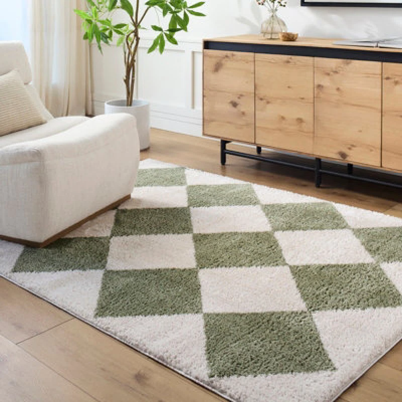 Image of Livabliss Machine Washable Shaggy Diamond Grass Green Deline Area Rug 140 X 200 Cm - Easy Care, Ideal For Living Room & Bedroom