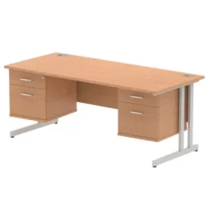 image of Impulse 1800 Rectangle Silver Cant Leg Desk OAK 2 x 2 Drawer Fixed Ped