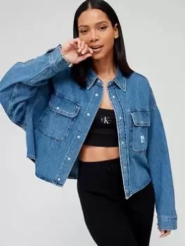 Image of Calvin Klein Jeans Oversized Cropped Rounded Hem Shirt - Blue Size XS, Women