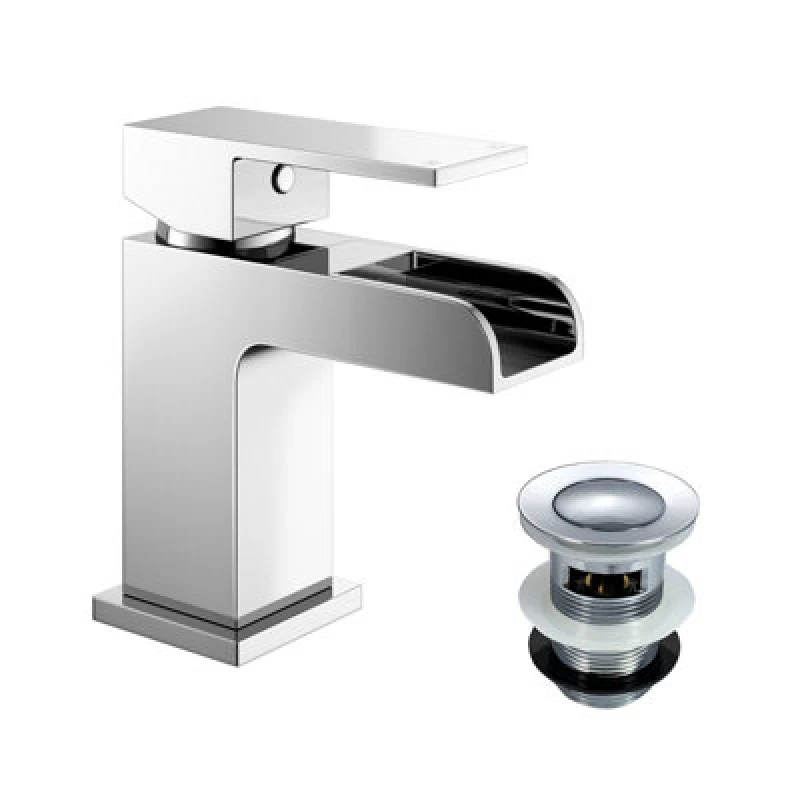 Image of NES HOME Nes Home - Ozone Contemporary Chrome Waterfall Bathroom Basin Mixer Tap & Waste 2302+WST