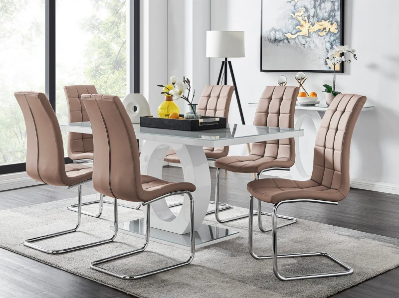 Image of FurnitureboxUK FurnitureboxUK Giovani 6-Seater Grey Glass Dining Table and 6 Murano Faux Leather Dining Chairs in Beige Beige One Size Unisex 50565426