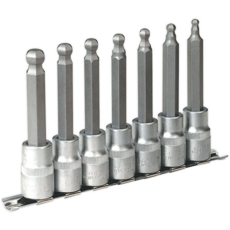 Image of Loops 7 PACK 100mm Ball-End Hex Socket Bit Set - 1/2" Square Drive - 5mm to 12mm Allen Multi