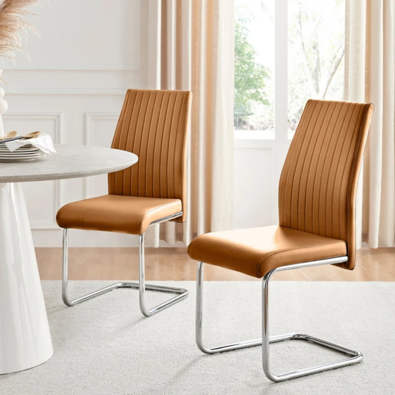 Image of FurnitureboxUK FurnitureboxUK Lorenzo 2x Tan Faux Leather Silver Leg Dining Chair Tan One Size Unisex 5056657188610