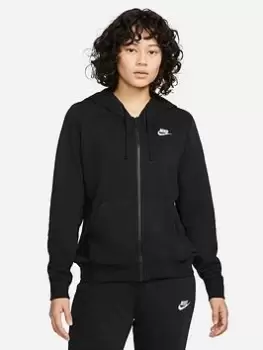 Image of Nike NSW Club Fleece Zip Through Hoodie - Black/White, Size L, Women