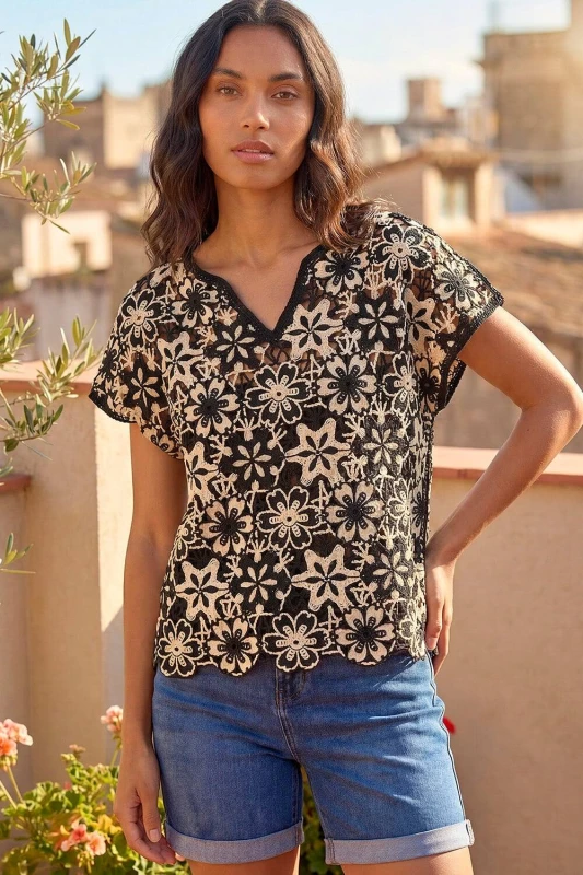 Image of Roman Womens Floral Crochet Knit Top in Black Size: XL Black Female XL