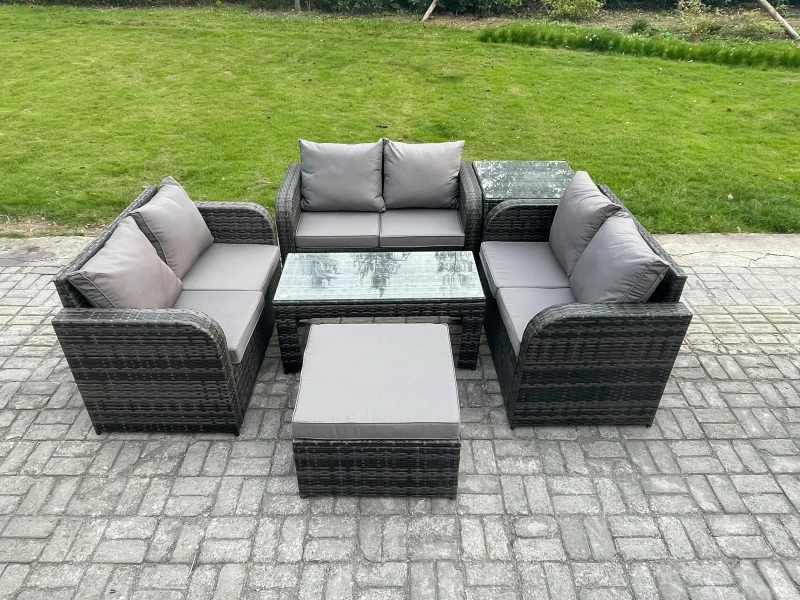 Image of Fimous Rattan Garden Furniture Set 7 Seater Indoor Outdoor Patio Sofa Set with Coffee Table Loveseat Sofa Big Footstool Side Table Dark Grey Mixed Dar
