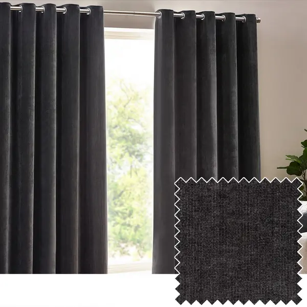 Image of Heavy Chenille Room Darkening Eyelet Curtains Charcoal / 229 x 229cm
